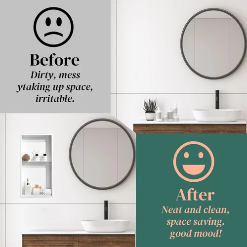 Vista 5 de Niche de ducha de 12 x 24 pulgadas, organizador de baño blanco mate, no necesita azulejos, acero inoxidable, moderno en nicho insertado en la pared