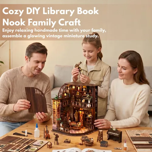 Vista 7 de FERAHI Kits de rincón de libros para adultos, decoración de rincón de libros con luz LED, kit de casa en miniatura, rompecabezas de madera 3D, kit