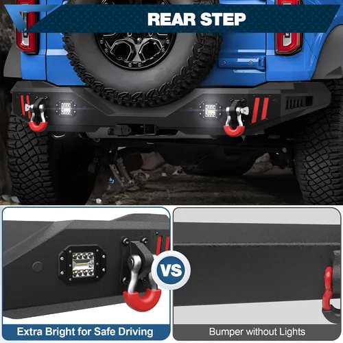 Vista 5 de Parachoques trasero para Ford Bronco 2021-2025 con textura negro de ancho completo con anillo en D y luces LED Textured Black Full Width Step