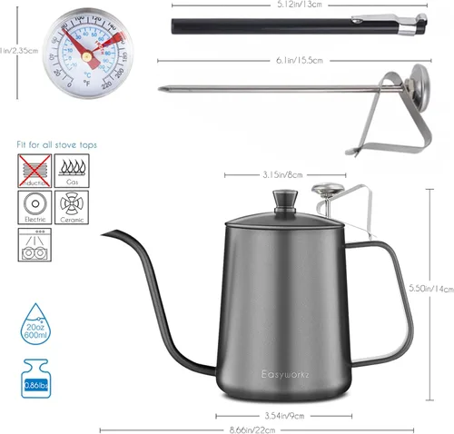 Vista 3 de Easyworkz Gage - Hervidor de café de cuello de cisne de 20 onzas con termómetro de acero inoxidable con boquilla larga y estrecha Negro