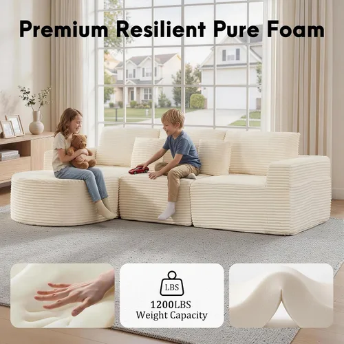 Vista 4 de Korser Sofá modular en forma de L de 110 pulgadas con diván, sofá modular de pana esponjosa con asiento profundo y bolsillos laterales, cómodos Beige