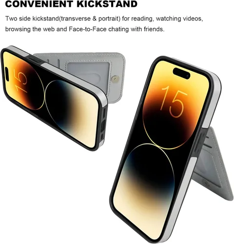 Vista 17 de KIHUWEY - Funda tipo cartera compatible con iPhone 15 con soporte para tarjetas de crédito, cierre magnético, soporte de cuero premium, cubierta
