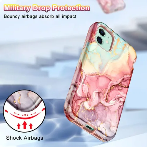 Vista 5 de CASEFIV Funda compatible con iPhone 11, patrón de mármol 3 en 1, resistente a prueba de golpes y caídas, cuerpo completo, policarbonato duro