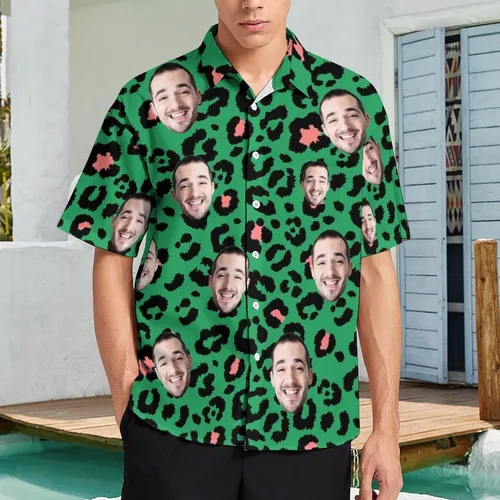 Vista 4 de Camisas hawaianas personalizadas con cara, divertidas camisas de manga corta personalizadas con botón, camisas florales tropicales personalizadas