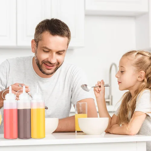 Vista 6 de Xinnun 24 botellas de plástico para exprimir condimentos, a prueba de fugas, botellas multiusos con tapa superior giratoria para salsas, ketchup