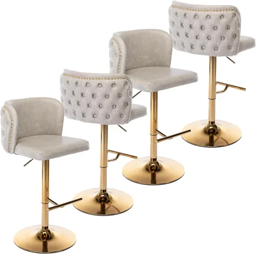 Vista 16 de Taburetes de bar tapizados de poliuretano con base dorada, taburetes de bar ajustables de 25-33 pulgadas, taburetes de mostrador con respaldo Beige