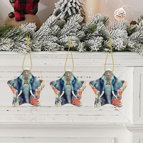 Vista 7 de Árbol de Navidad colgante de cerámica con lazo dorado, plumas de pavo real, elefante, adornos de cerámica para el hogar, manualidades