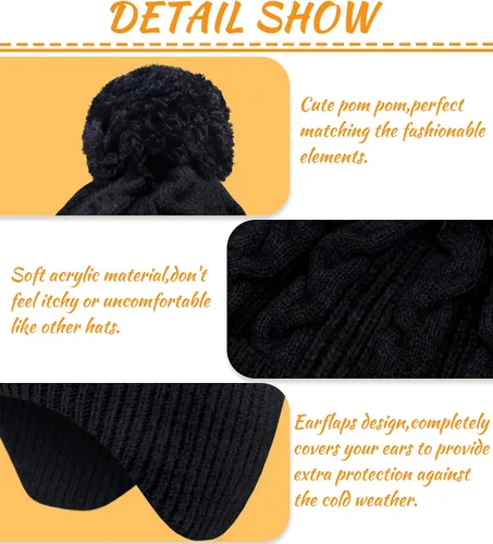 Vista 3 de KMOLY Gorro de punto de invierno para mujer con pompones, gorro de calavera cálido con solapas para las orejas para mujer