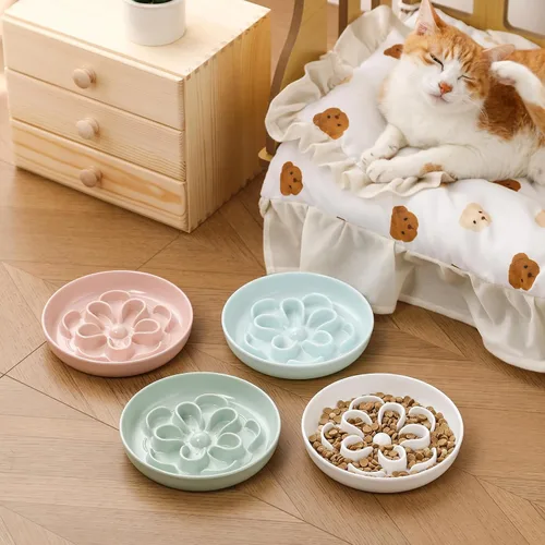 Vista 7 de Cuenco de melamina para gatos de alimentación lenta – Plato de comida para gatos con laberinto floral – Plato plano para alimentos secos y húmedos