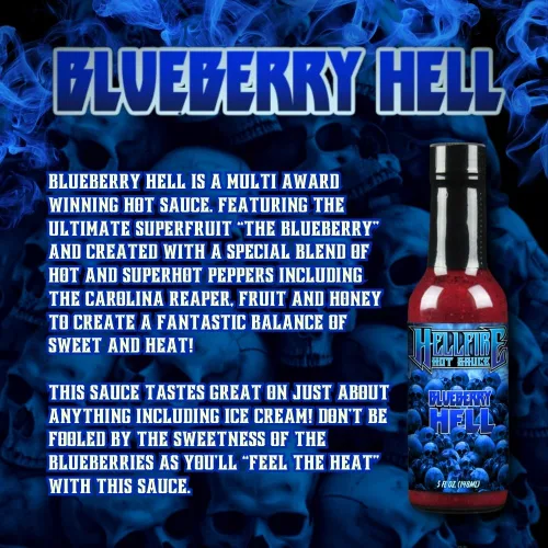 Vista 2 de Salsa picante Hellfire Blueberry Hell con pimientos Carolina Reaper, Gourmet, galardonada salsa picante a base de frutas, 5 onzas