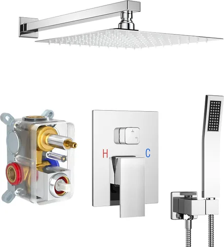 Vista 21 de Sistema de ducha dorado cepillado con cabezal de ducha de lluvia de 10 pulgadas y boquilla de bañera cUPC-certified pressure balance brass valve