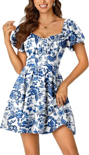 Vista 26 de Rooscier Minivestido acampanado de manga corta con volantes, cuello cuadrado, envolvente y espalda anudada para mujer