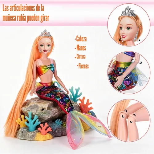 Vista 3 de Juego de muñecas de sirena de 11.5 pulgadas con accesorios, dos muñecas de princesa, una muñeca pequeña, un juguete de delfín, juguete de una