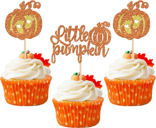 Vista 11 de 24 piezas de decoración de calabaza para cupcakes con purpurina temática de otoño, decoración de pasteles con temática de calabaza, cumpleaños