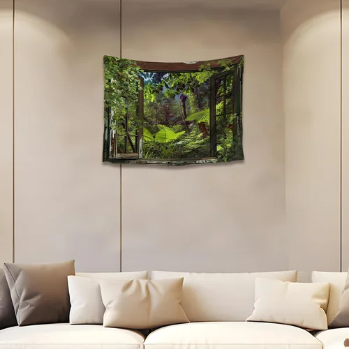 Vista 23 de QGHOT Tapiz de bosque brumoso, tapiz de montaña natural para colgar en la pared, paisaje de acuarela verde salvia, arte de pared para dormitorio