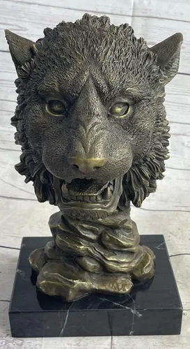 Vista 3 de EUROPEAN BRONZE 100% Escultura de bronce sólido Vida silvestre Animal Cabeza de león Base de mármol Estatuilla Deal Brilliance Hot Cast Hecho a mano