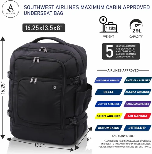 Vista 2 de Aerolite Mochila de cabina de tamaño máximo Equipaje ecológico aprobado para Southwest, AA, Delta, Jetblue y muchas otras aerolíneas, Negro