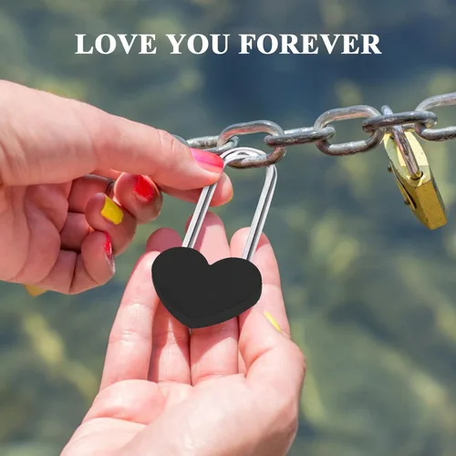 Vista 7 de Candado de amor VeYocilk de 3.5" 50mm en forma de corazón, candado de corazón negro para deseos de amor, ideal para bodas, San Valentín