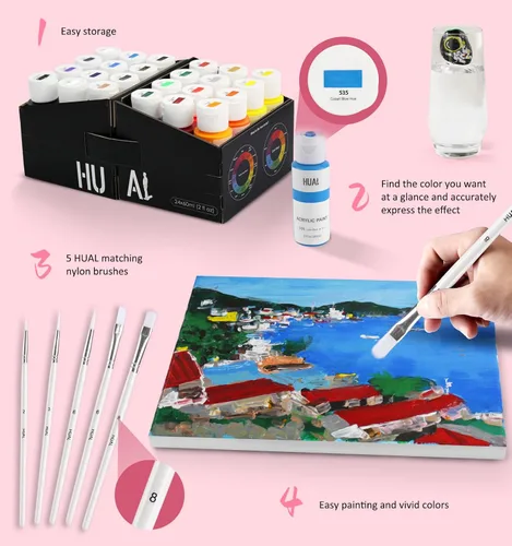 Vista 6 de HUAL Juego de pintura acrílica con 5 pinceles, 24 colores (2.0 fl oz, 2 onzas) para artistas, niños, principiantes y pintores