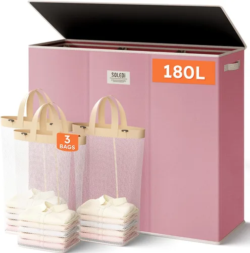Vista 10 de SOLEDI Cesta de lavandería de 3 secciones de 180L con tapa, cesta de ropa sucia extragrande con asas resistentes para lavandería y dormitorio