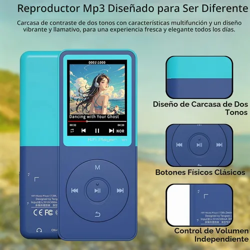 Vista 3 de Reproductor de MP3 con Bluetooth 5.3, pantalla de 1.8", reproductor Azul