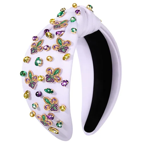 Vista 16 de Diadema de Mardi Gras para mujer, diadema de corona de flor de lis, diadema morada con diamantes de imitación y nudo superior, accesorios