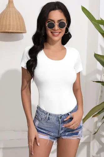 Vista 3 de SHEIUGU Enterizo básico de manga larga sin mangas para mujer, cuello redondo, elástico, ajustado, ajustado