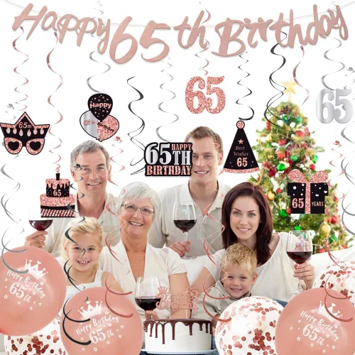 Vista 2 de WOJOGO Decoraciones de cumpleaños número 65 para mujer, kit de decoración de cumpleaños número 65 de oro rosa con pancarta, decoración de pastel