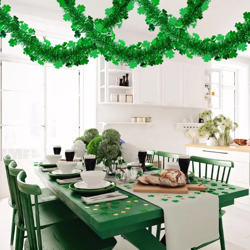 Vista 6 de Guirnalda de oropel del día de San Patricio, guirnalda metálica de trébol verde de 196 pies para decoración irlandesa de árbol de pared para fiesta