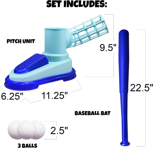 Vista 3 de ArtCreativity Máquina de lanzamiento de béisbol para niños, juguete de lanzar para niños con bate plegable + 3 pelotas de béisbol, entrenador