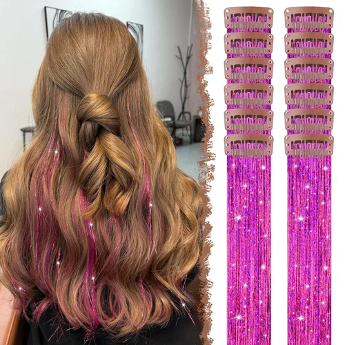 Vista 32 de FESHFEN Juego de 12 extensiones de cabello con clip, color negro, con clip, con purpurina, kit de accesorios coloridos para mujeres, de 20 pulgadas