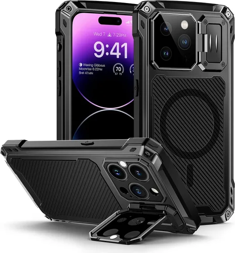 Vista 10 de Lanhiem Funda magnética de metal para iPhone 14, soporte de cámara integrado y protector de pantalla de cristal, resistente a prueba de golpes