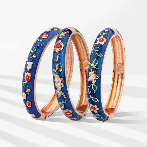 Vista 2 de UJOY Pulsera Cloisonne multicolor para mujer, chapada en oro, con flores, esmaltada, con bisagras, regalo de joyería, 55A-3PCS