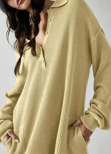 Vista 4 de KIDDAD Enterizo de suéter para mujer, trajes de otoño 2023, a la moda, largo, Henley, cuello en V, overol de punto para descansar