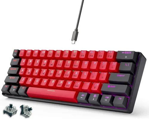 Vista 10 de abucow - Teclado mecánico 60% para juegos, interruptor azul, compacto con cable, anti-fantasma, sin conflictos, 61 teclas intercambiables, diseño