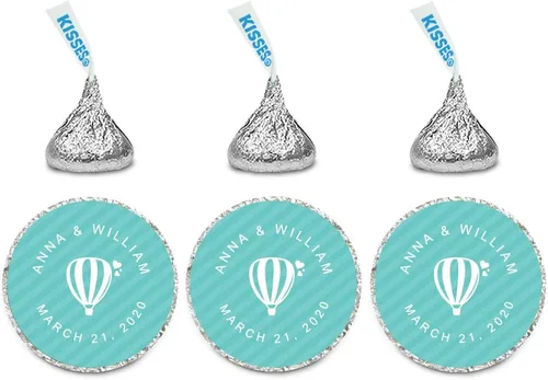 Vista 22 de Andaz Press Etiquetas personalizadas de gota de chocolate para boda, nombres y fecha redondos, turquesa aguamarina, paquete de 240, personalizadas