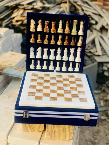 Vista 6 de NB - Juego de ajedrez de mármol hecho a mano de 12 pulgadas con caja de regalo de terciopelo azul, elegante tablero de ajedrez de piedra con juego