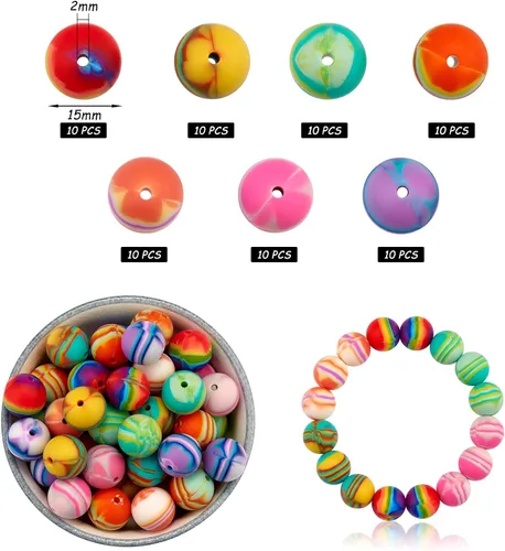 Vista 2 de Kit de 70 cuentas redondas de silicona de 0.591 in, cuentas a granel para manualidades de joyería (7 estilos)