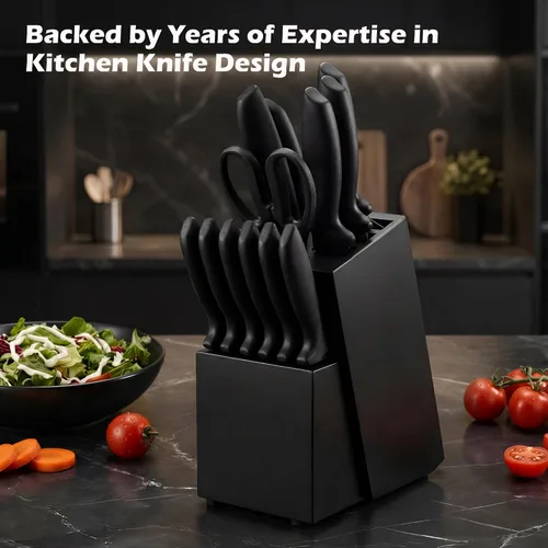 Vista 9 de Juego de cuchillos de 16 piezas para cocina con bloque, juego de cuchillos de cocina aptos para lavavajillas con afilador integrado, juego