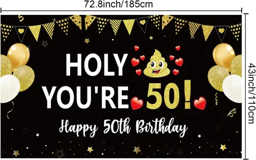 Vista 2 de Divertida pancarta de cumpleaños 50 para hombres y mujeres, pancarta de feliz cumpleaños de 50 años color negro y dorado para fiestas, fondo