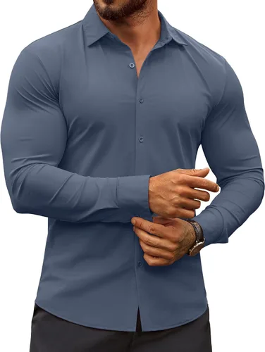 Vista 24 de COOFANDY Camisas de vestir ajustadas para hombre, sin arrugas, manga larga, casuales, con botones