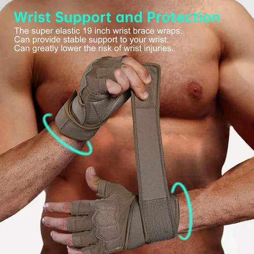 Vista 7 de Guantes de entrenamiento para hombre para levantamiento de pesas - Guantes de ejercicio para hombres y mujeres con soporte para muñequera, Marrón