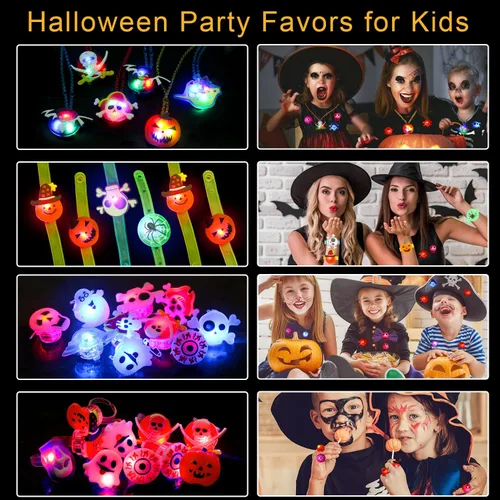 Vista 6 de SULOLI 32 piezas de collares con luz de Halloween para anillos, pulseras, juguetes, bolsas de fiesta de Halloween para niños y adultos, que brillan