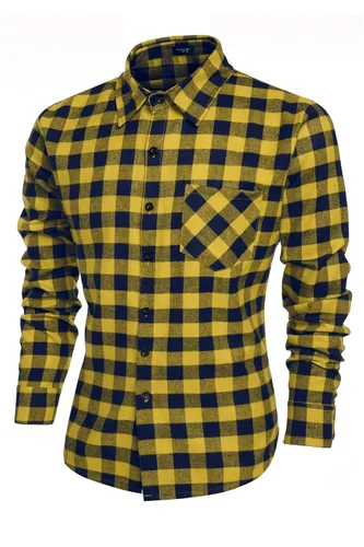 Vista 2 de COOFANDY Camisas casuales de manga larga a cuadros con botones para hombre, camisa de vestir regular a cuadros con bolsillo, 3 amarillo.