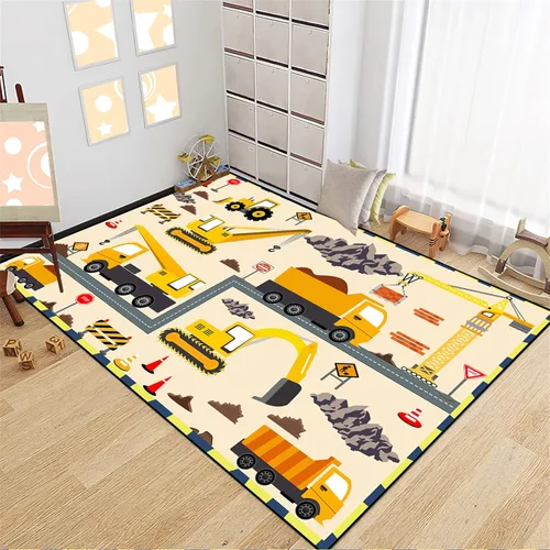 Vista 8 de Alfombra de construcción – Alfombras de construcción para habitación de niños, divertido diseño de camión de dibujos animados, alfombra de coche