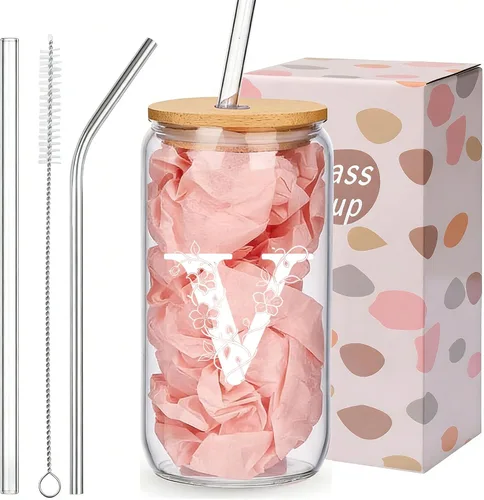 Vista 26 de Regalos personalizados para mujeres, tazas de vidrio con monograma con tapas y pajitas, regalos personalizados para mujeres, vasos de café helado
