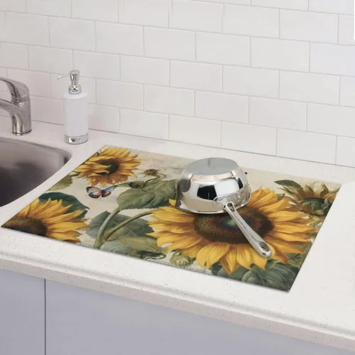 Vista 7 de Tapete de secado de platos de girasol y mariposa para encimera de cocina, protector y decoración súper absorbente de doble cara de microfibra
