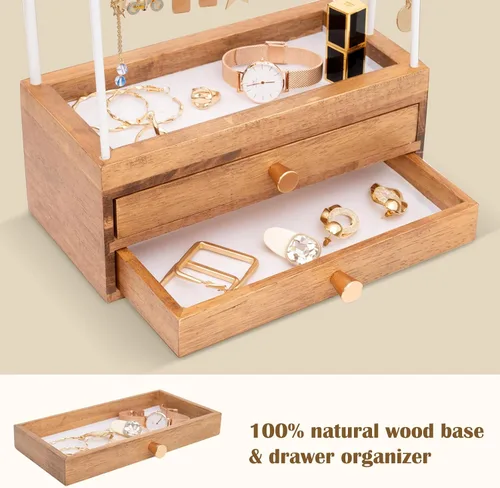 Vista 2 de Organizador de joyas de madera con 2 cajones, regalos para el día de San Valentín para mujeres y niñas, 5 niveles de altura ajustable, organizador