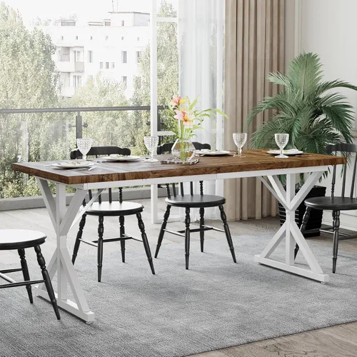 Vista 5 de Mesa de comedor de granja para 6-8 personas, mesa de comedor rectangular de madera de 70.8 pulgadas, mesa de cocina rústica con patas de metal extra