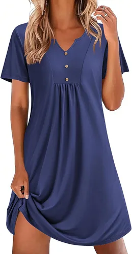 Vista 21 de Ekouaer Camisones para mujer de algodón Vestidos de noche Plisados Camisones Henley Cuello en V Camisas de dormir de manga corta Ropa de dormir